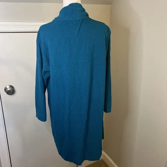 Eileen Fisher Teal Blue Linen Blend Open Front Longline Cardigan Sweater Medium - Picture 6 of 8